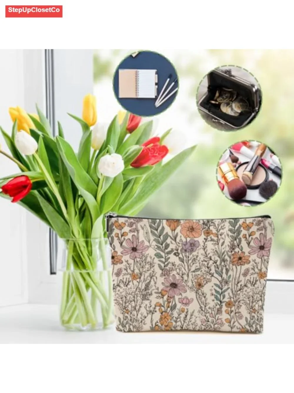 Wildflower Linen Makeup Bag Floral Cosmetic Pouch Travel Organizer Zipper Gift